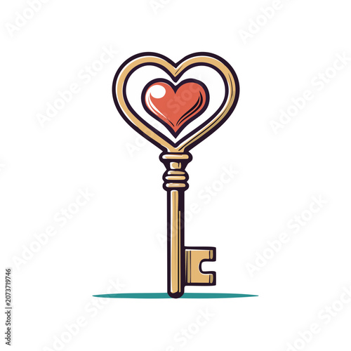 Golden heart-shaped key with red heart illustration