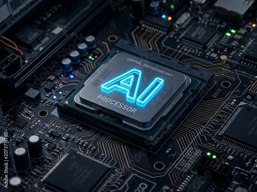 Central processing unit chip with glowing blue AI text mounted on a high tech computer motherboard circuit board