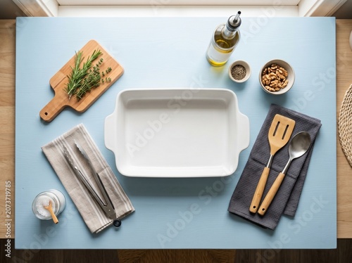 Empty ceramic baking dish surrounded by fresh herbs oil spices and wooden cooking utensils