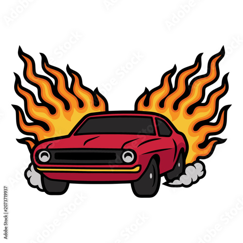 Red Muscle Car with Flames Cartoon Vector