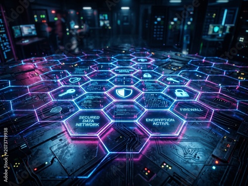 Futuristic data center server room with glowing hexagonal network security interface and digital protection