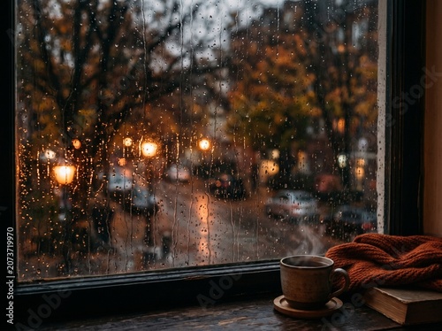 Steaming cup of coffee on a wooden windowsill beside a rainy window overlooking an autumn street