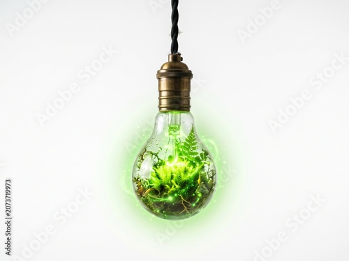 Glowing light bulb filled with lush green ferns and magical sparkles hanging from a dark cable