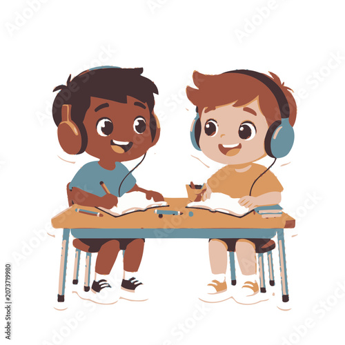 Two boys studying with headphones at a desk
