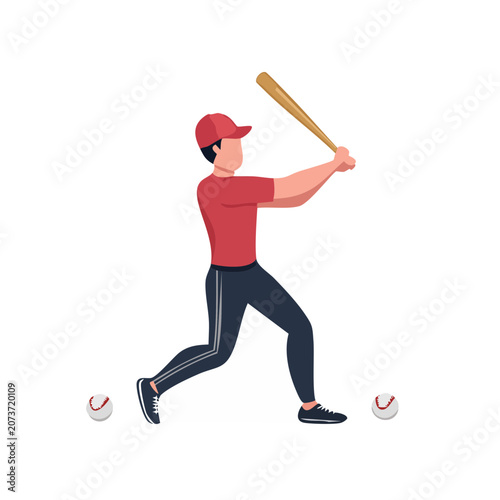 Baseball player swinging bat in flat vector style
