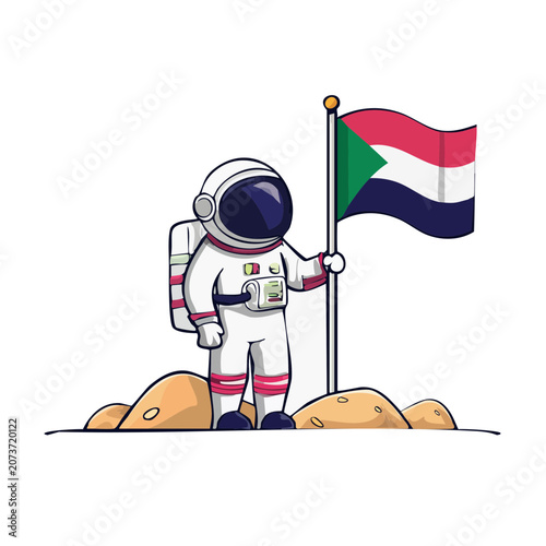 Astronaut holding flag on moon surface illustration