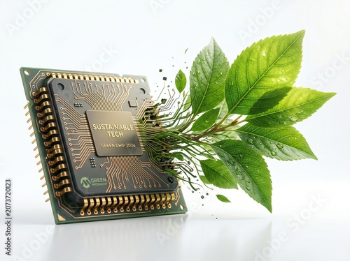 Electronic computer processor chip integrated with lush green leaves sprouting from circuitry