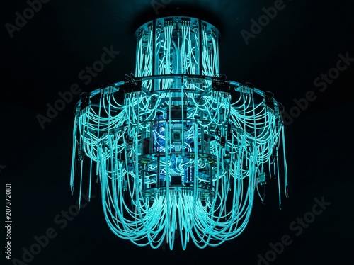 Futuristic chandelier made of glowing fiber optic cables and computer circuit board components