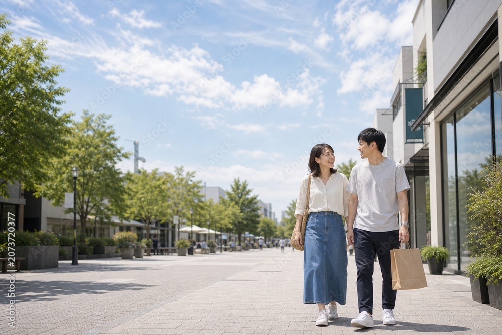 Obraz premium 青空の商業施設前を歩く買い物デート