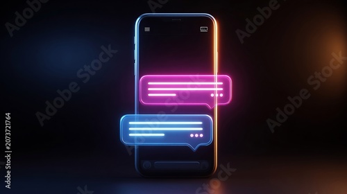 A smartphone features glowing chat bubbles in vibrant colors against a dark background, symbolizing digital communication.
