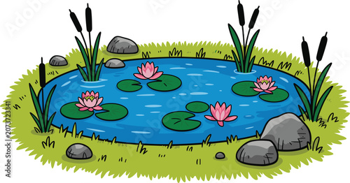Photos Cute cartoon lotus pond vector illustration, blooming water lily flowers and ree