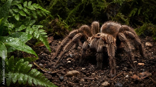 Macro Photo of Giant Brown Tarantula Spider on Dark Soil