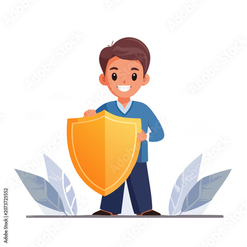 Cartoon boy holding golden shield