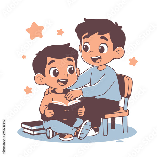 Cartoon boys reading a book together