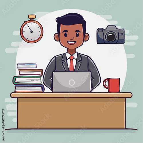 Cartoon Businessman Working at Desk with Laptop, Books, Camera, and Stopwatch