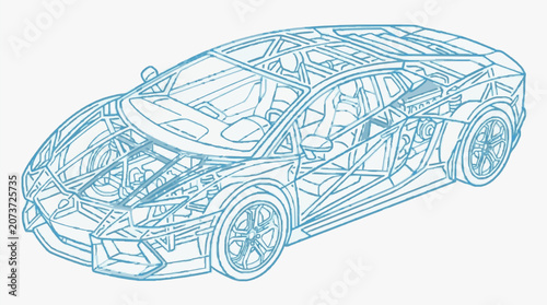 Car Interior Wireframe Engineering Blueprint.