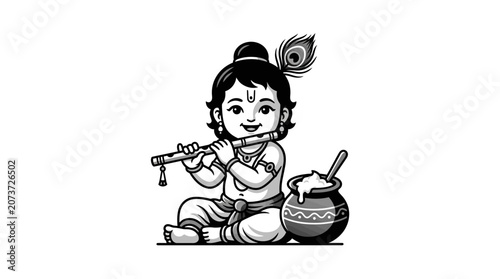 Black and white illustration of baby Krishna playing the flute with a pot of butter.