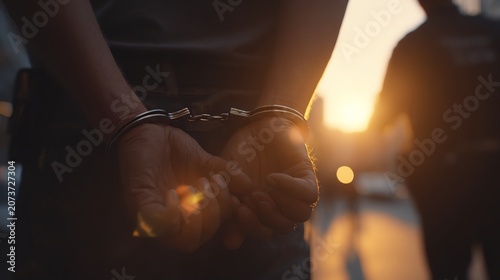 A person in handcuffs at sunset in a city.