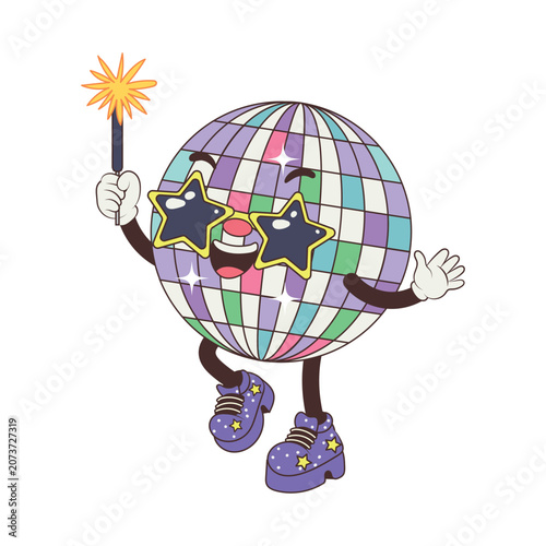 Cute disco ball firework vector mascot in flat comic style with star glasses and sparkler for energetic retro 70s music party celebration concept isolated on white.