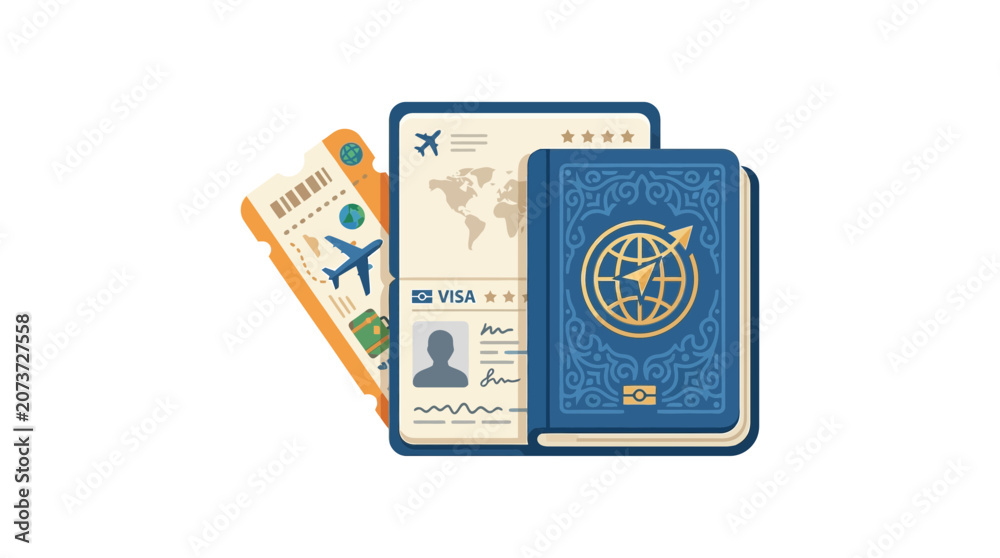 Fototapeta premium Open Passport with Travel Ticket Illustration