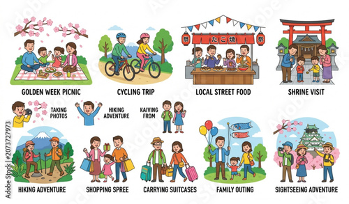 Cartoon Japanese Golden Week Holiday People Vector Bundle with Travel and Outdoor Activities
