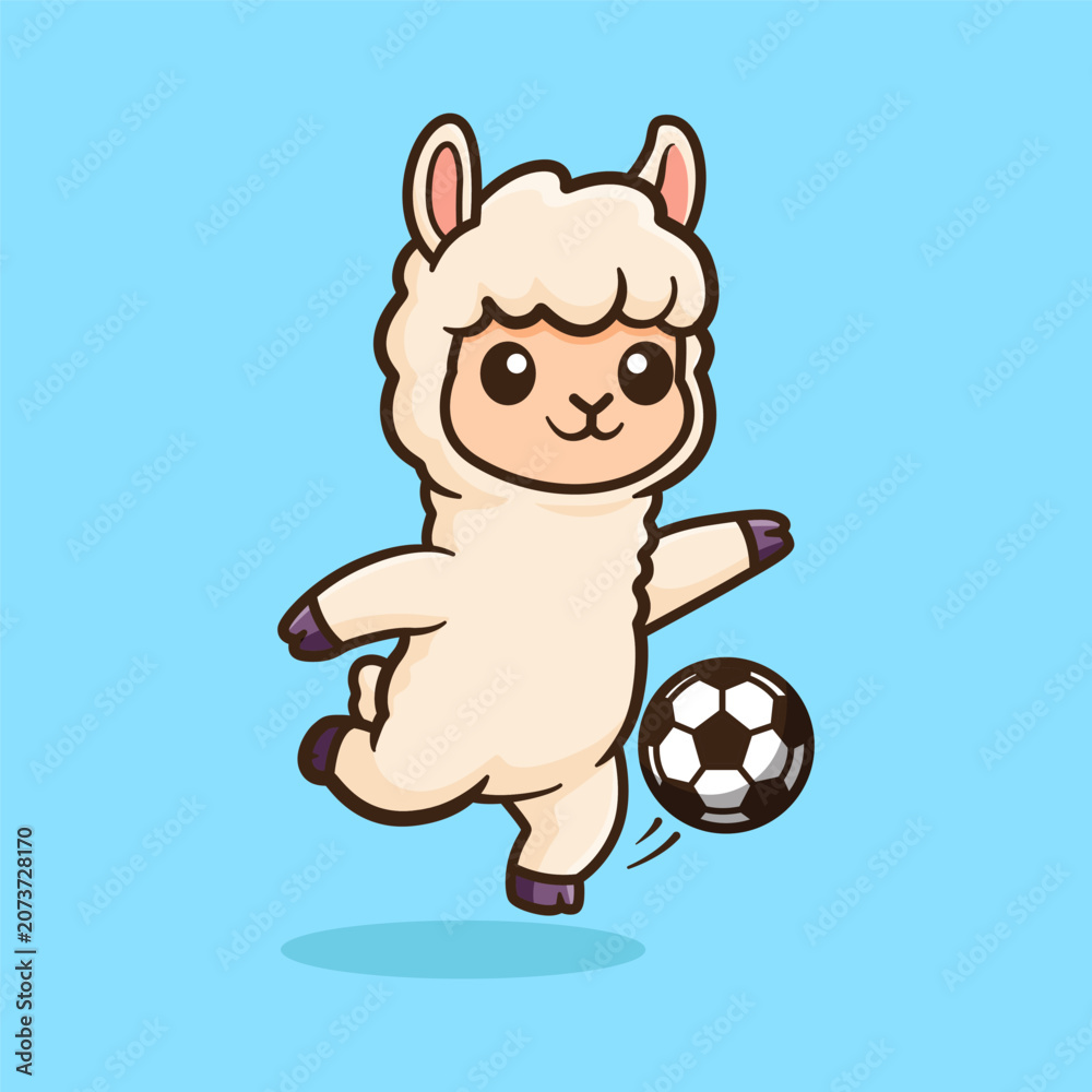 Fototapeta premium Cute Cartoon Alpaca Playing Soccer Illustration