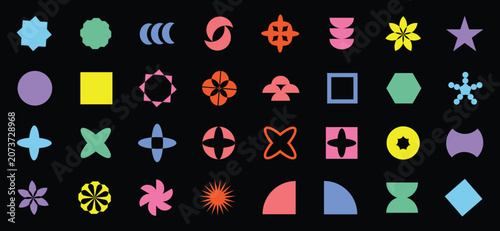 Abstract geometric shapes and grids. Modern colorful forms, minimalist simple design, abstract primitive bright figures,  star flower and circle, isolated graphic elements, garish vector illustration