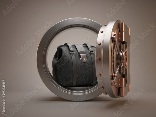 Open bank vault door revealing a gray fabric bag realistic 3d rendering security safe