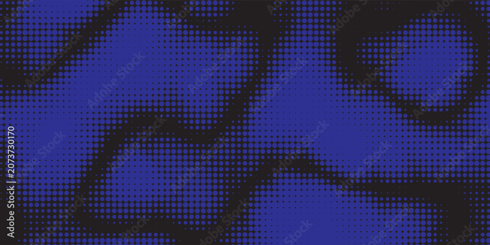Fototapeta premium Abstract dark blue and black halftone dot pattern background featuring wavy, organic liquid or topographic contour shapes.