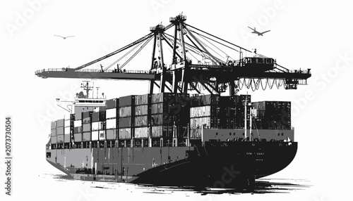 Large cargo ship with stacked containers.