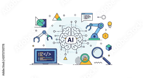 Artificial Intelligence Brain Concept With Digital Icons.