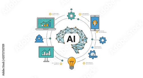 Artificial Intelligence Brain Surrounded By Digital Technology Icons.