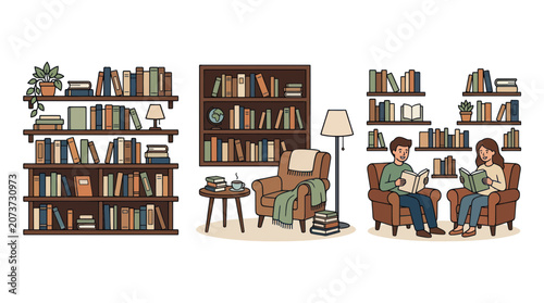 Bild auf Leinwand Cozy Reading Nooks: Bookshelves, Armchairs, and People Enjoying Books