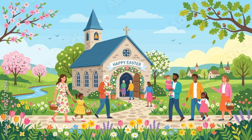 People walk towards a church on a sunny day with blooming flowers and trees in the countryside.