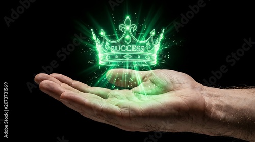 Human hand holding glowing green neon crown with success text floating above palm in dark space for digital achievement.