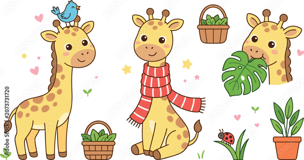 Naklejka premium Cute Cartoon Giraffe Character Vector Set Featuring Happy Baby Giraffes with Blue Bird Red Scarf Eating Monstera Leaf and Garden Basket Elements