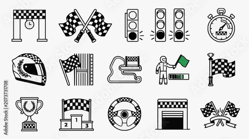Professional Black and White Racing Icons Set Featuring Checkered Flags Helmets Timers Podiums and Track Elements