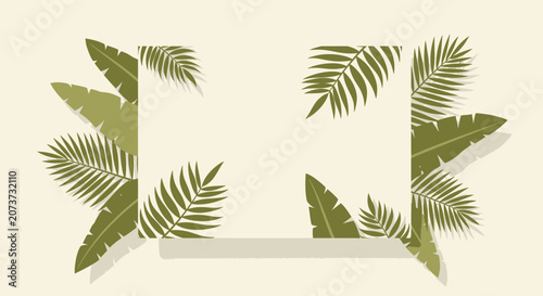 Tropical leaves frame with shadows, empty space for text, green foliage