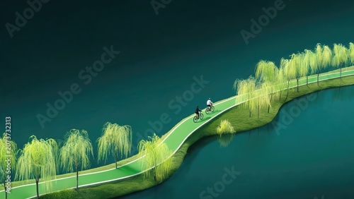 Growth mindset concept showing cyclists exploring new horizons on a winding path toward continuous learning and career development