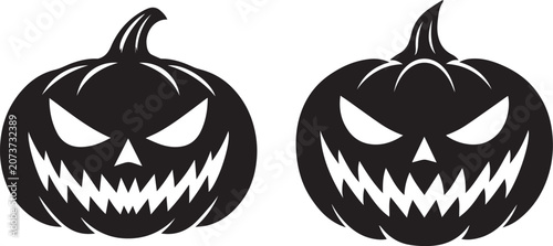 Schilderij op canvas Black and white scary carved jack o lantern faces Vector