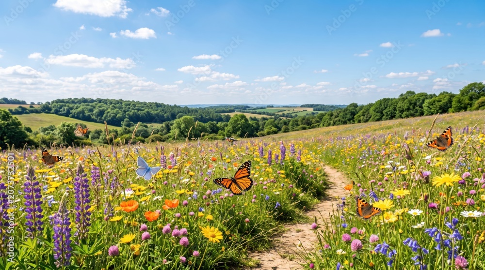 Obraz premium Colorful Wildflower Meadow with Butterflies Flying Under Blue Sky