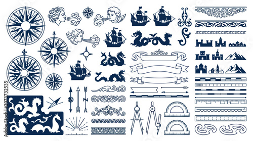 Photos Nautical Vintage Elements: Compass, Ships, Dragons, Borders, Cartography Tools