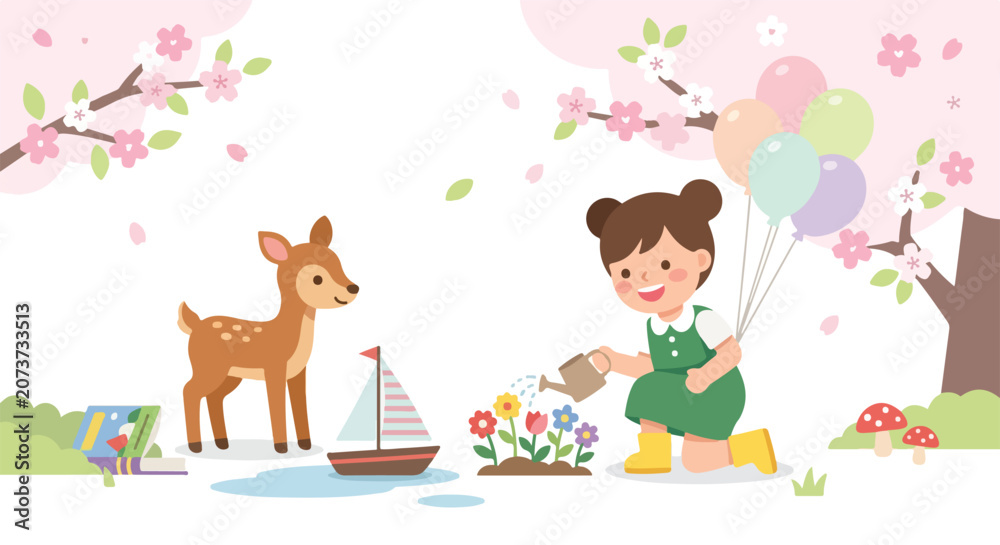 Fototapeta premium A girl waters flowers in a beautiful spring park with a deer, colorful balloons, and a toy boat under blooming cherry blossom trees.
