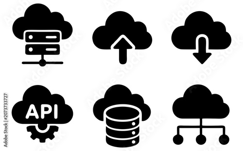 Set of 6 cloud computing glyph icons with server upload download API database and cloud storage