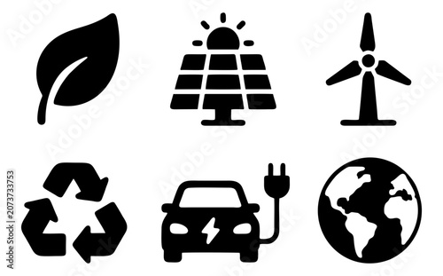Set of 6 renewable energy solar wind recycling glyph icons for modern application interfaces