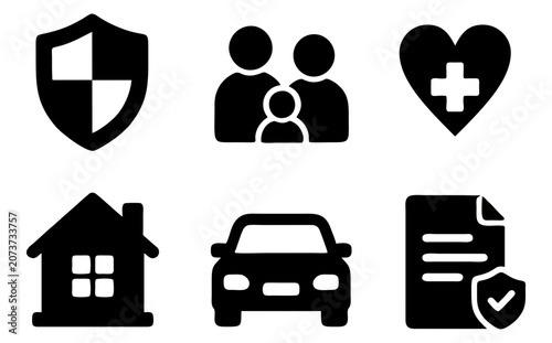Set of 6 insurance protection glyph icons featuring shield family health home vehicle and secure document symbols