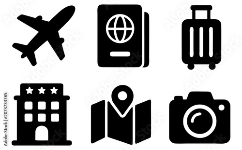 Set of 6 travel tourism airplane passport luggage glyph icons for modern application interfaces
