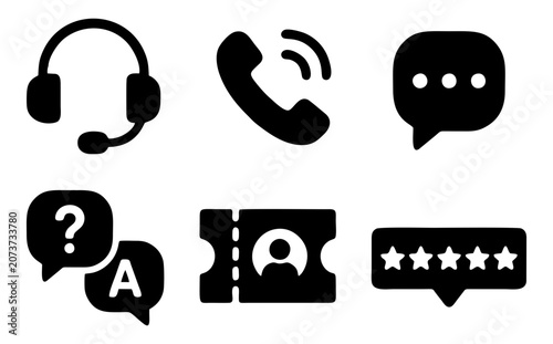 Set of 6 customer support headset phone chat glyph icons for modern application interfaces
