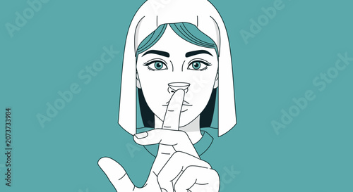 Woman Gesturing Silence with Finger, Illustration of Secrecy, Hush and Discreet Information