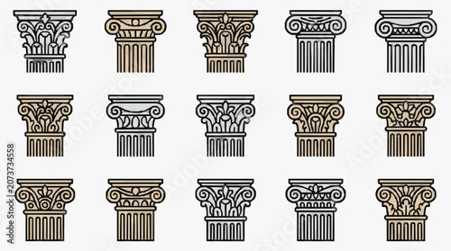 Quadro su tela Dynamic Collection of Intricate Black and White Classical Corinthian Ionic and D
